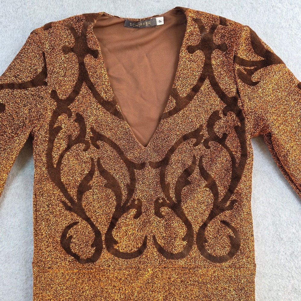 Schiffer V-Neck Top Women P Copper Gold Metallic Velvet Scroll 3/4 Sleeve
